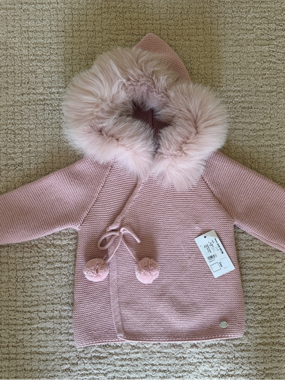Girls' Pink Hooded Knit Coat with Faux Fur Trim